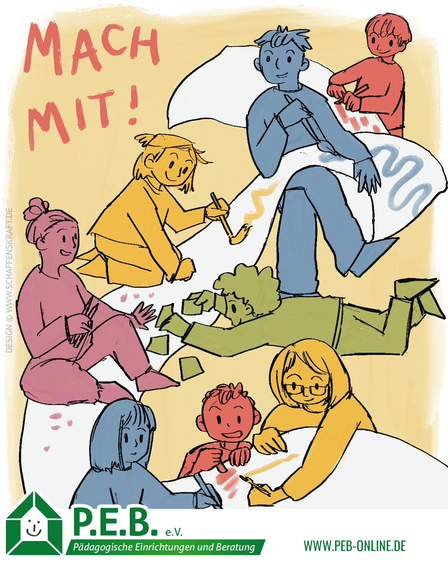 Kinder malen gemeinsam auf Papier und Kartons