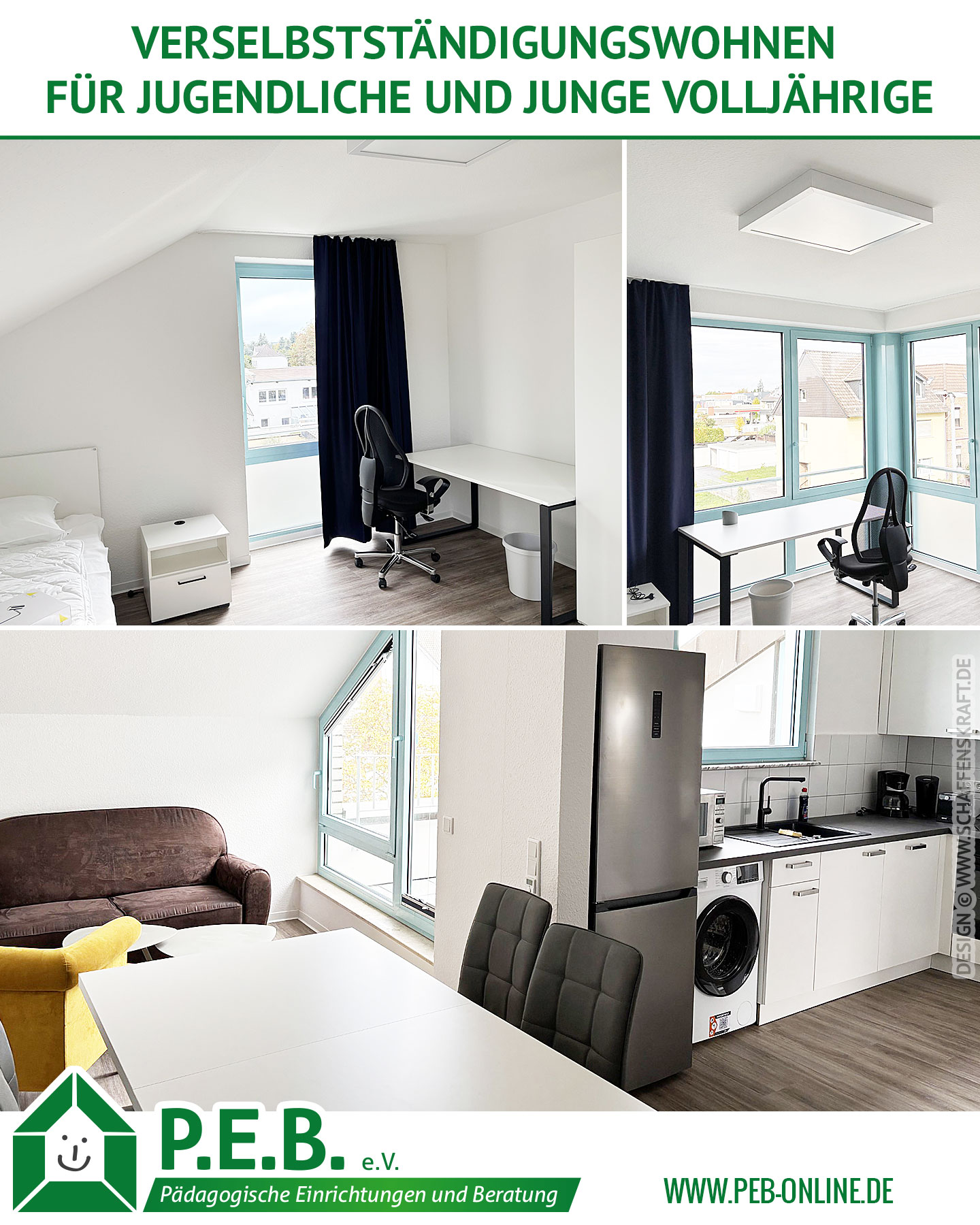 Helle Verselbstständigungswohnung mit Schlafzimmer, Arbeitsplatz, Wohnbereich und Küche